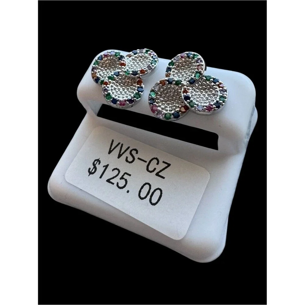 Multi Color VVS CZ Pavé Cluster Stud Earrings NWT Rainbow Stainless Steel